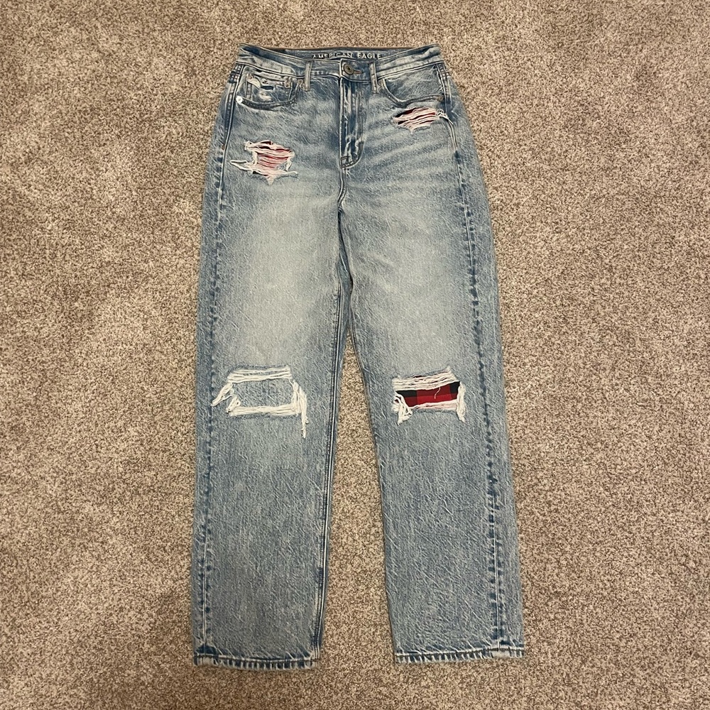 American Eagle Highest Rise 90s Boyfriends Jeans Buffalo Plaid Flannel Patches